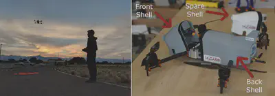 CopterSonde flying in San Luis Valley in the early morning (left). Picture of the different modular parts of the 3D printed shell.