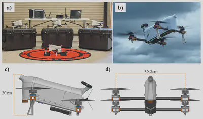 CopterSonde-SWX fleet, airborne flight, and annotated side and front views.